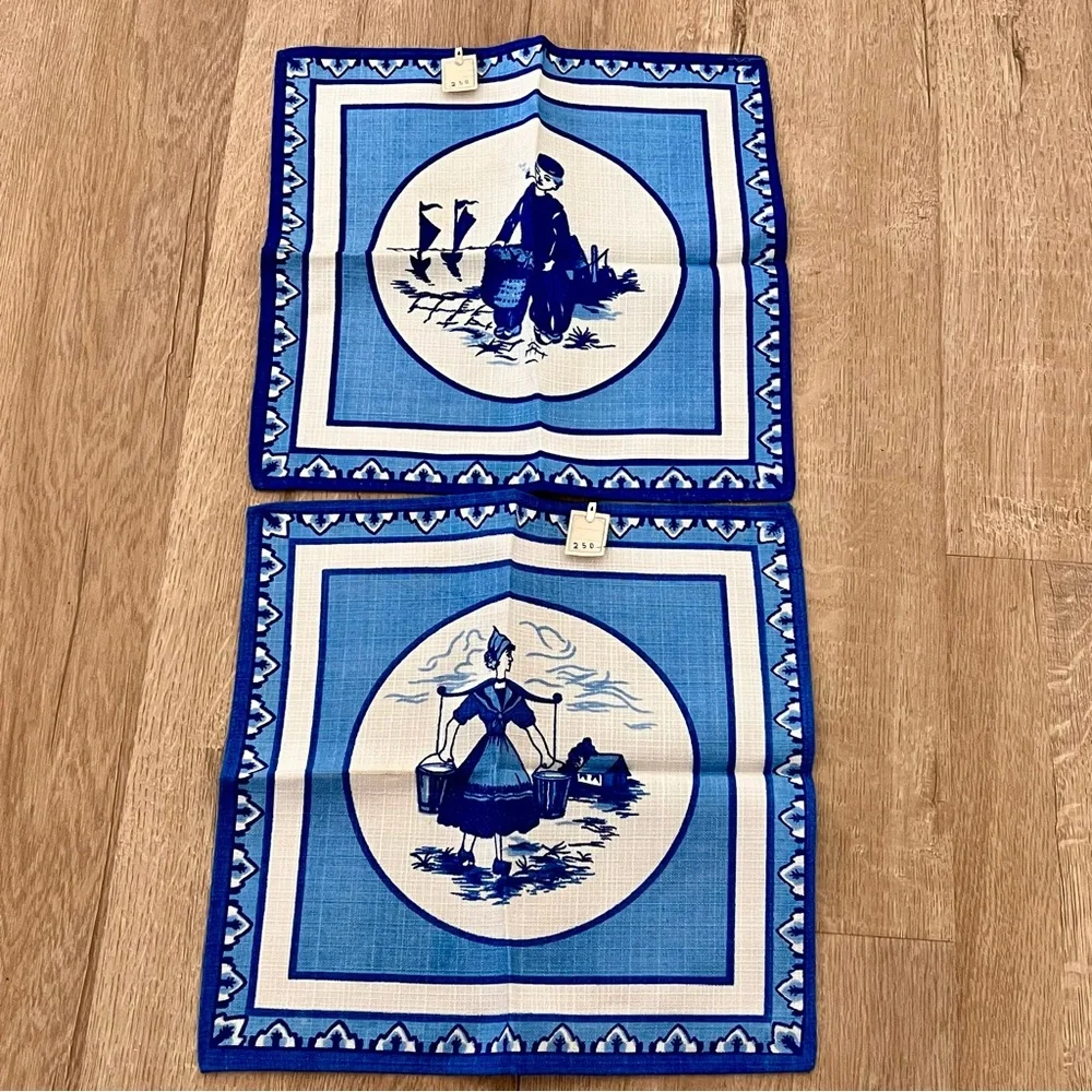 2 PCs Square Napkins Tablecloth Cotton Dutch Blue Delft Holland 10.5” Vtg NWT
